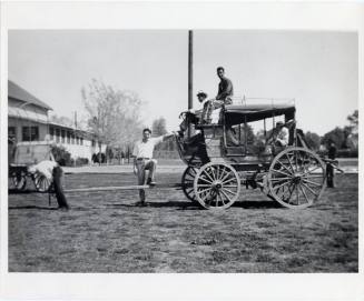 Group of Young Men Posed with Stagecoach for Drama Production