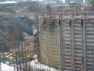 Tempe Center for the Arts construction photograph-Workers Climbing Rebar Wall