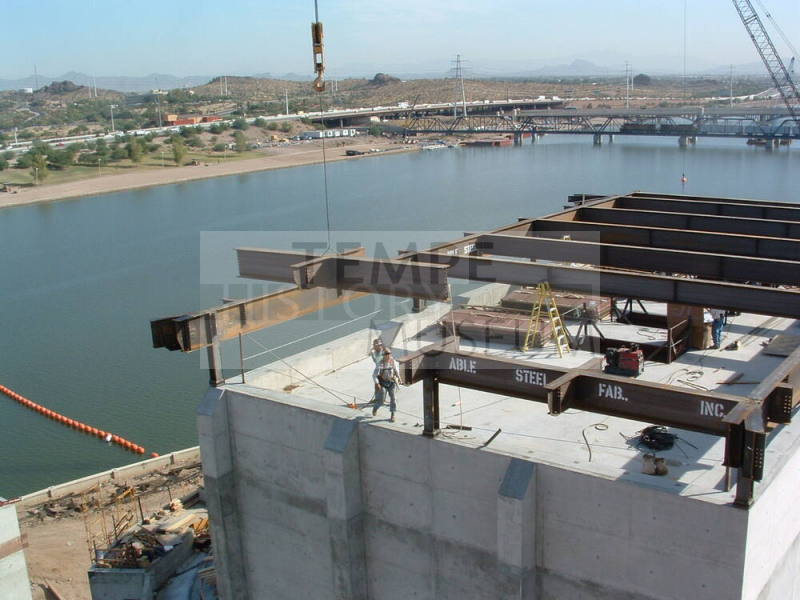 Tempe Center for the Arts construction photograph-Steel Beam being Lowered onto Roof