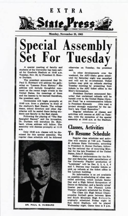 State Press news article about a Special Assembly following President Kennedy assassination