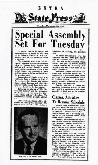State Press news article about a Special Assembly following President Kennedy assassination