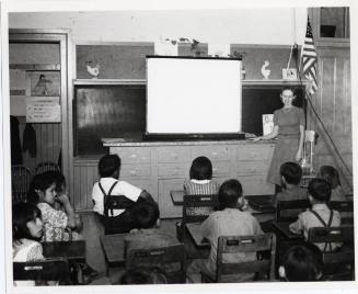 Primary classroom, teacher and students