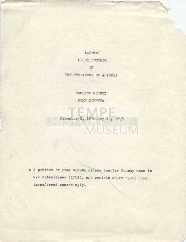 Index of Territorial Court Records and copy of Earp-Clanton Gunfight Court Records