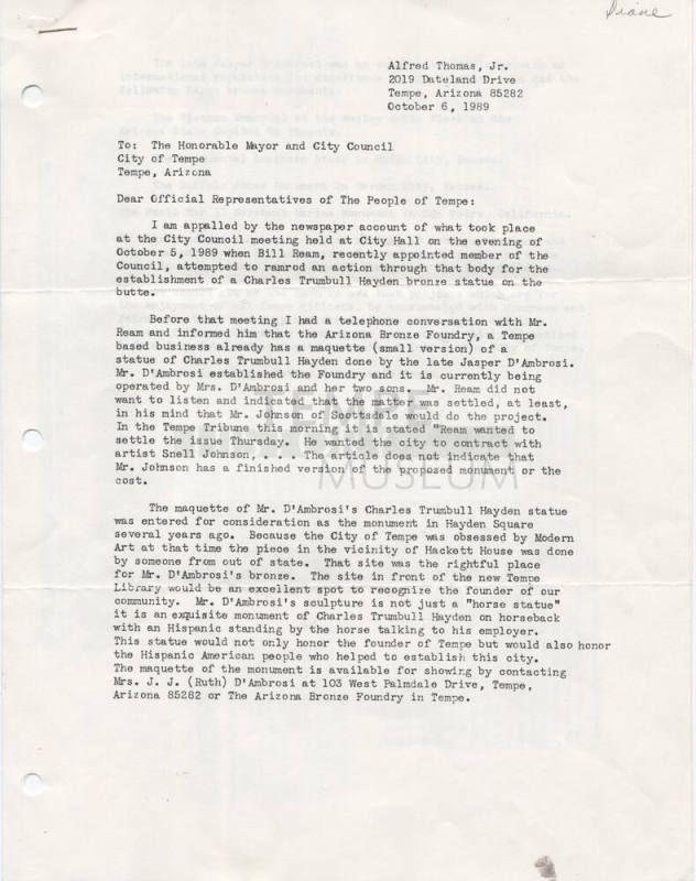 Letter to Tempe Mayor and City Council