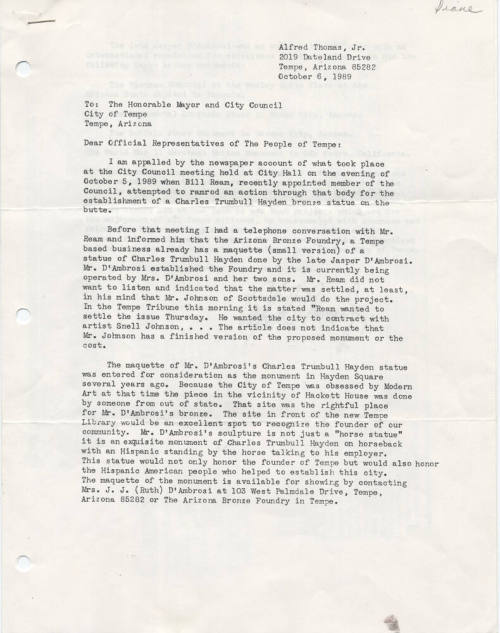 Letter to Tempe Mayor and City Council