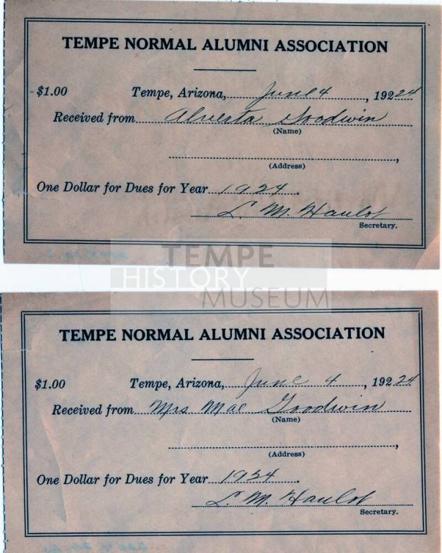 Tempe Normal Alumni Association Dues Receipts