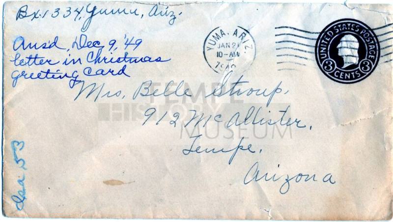 Envelope sent to Belle Stroup in Tempe, Arizona