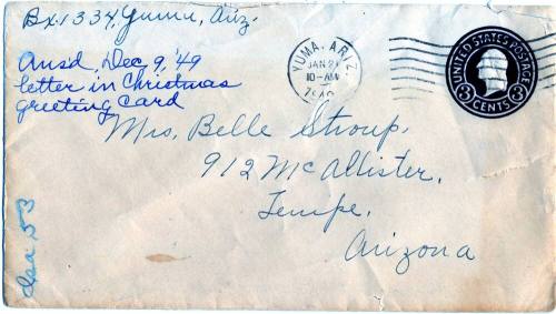 Envelope sent to Belle Stroup in Tempe, Arizona