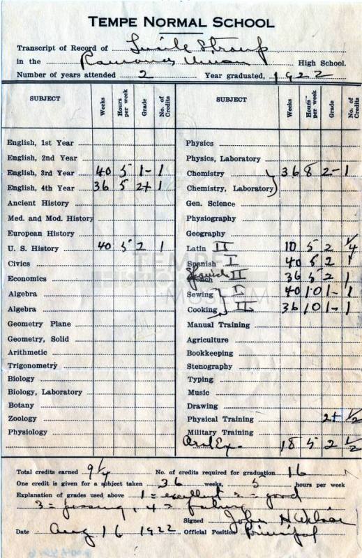 Lucile Stroup High School Transcript for Tempe Normal School