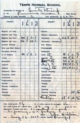 Lucile Stroup High School Transcript for Tempe Normal School