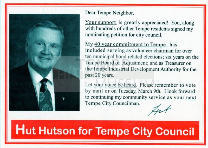 Hut Hutson political postcard