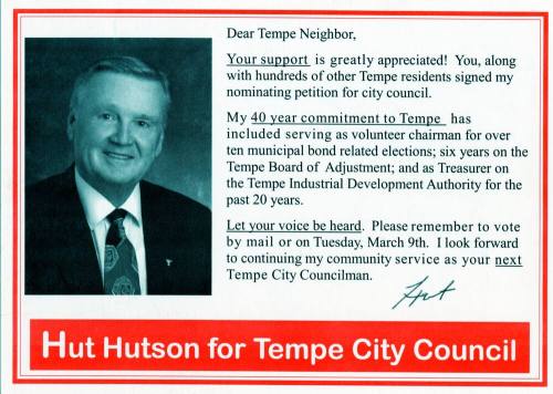 Hut Hutson political postcard