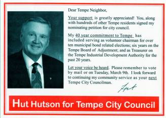 Hut Hutson political postcard