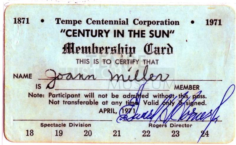Tempe Centennial Membership Card