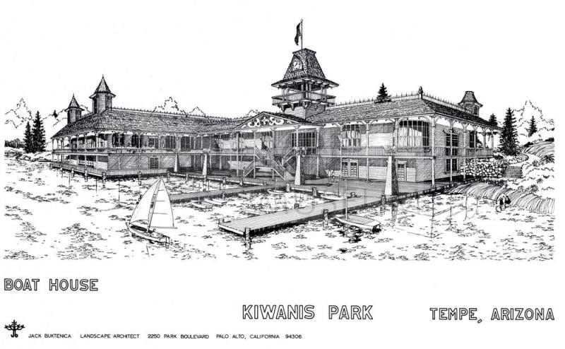 Mounted drawing of a boat house for Kiwanis Park