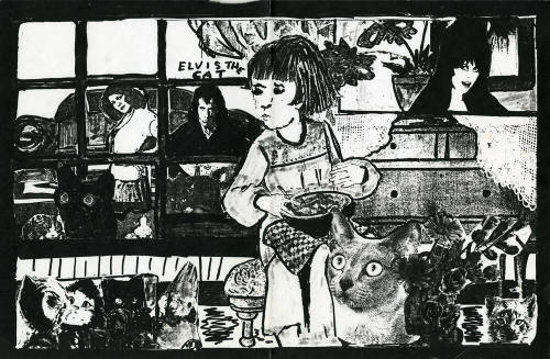 Child, cats, and Elvis poster