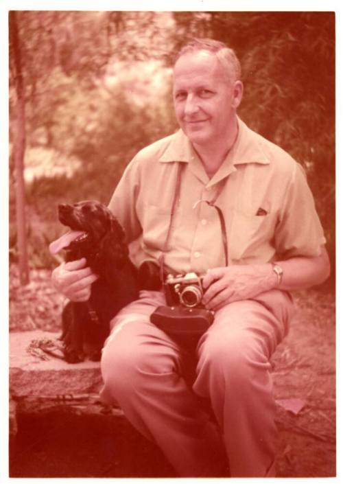 Sepia Photograph of William Hurlburt Wood, Cocker Spaniel Cindy and a Camera
