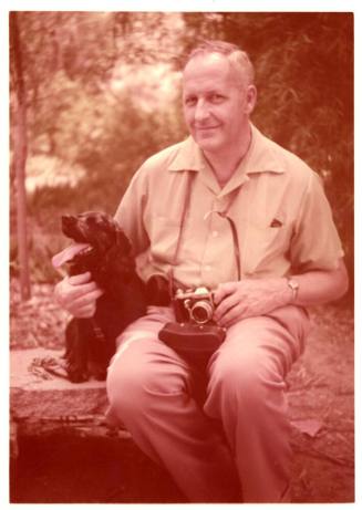 Sepia Photograph of William Hurlburt Wood, Cocker Spaniel Cindy and a Camera
