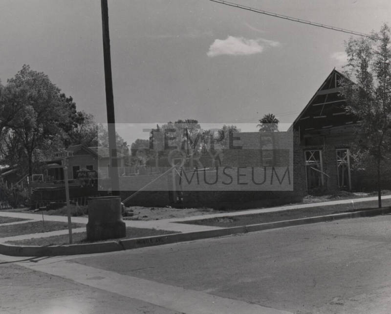 Photograph of early construction of new building of the First Congregational Church of Tempe.