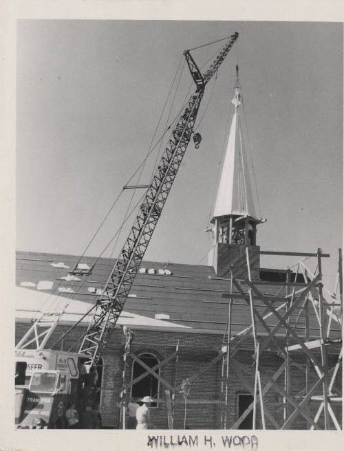 Photograph of the First Congregational Church of Tempe, lowering of new steeple.