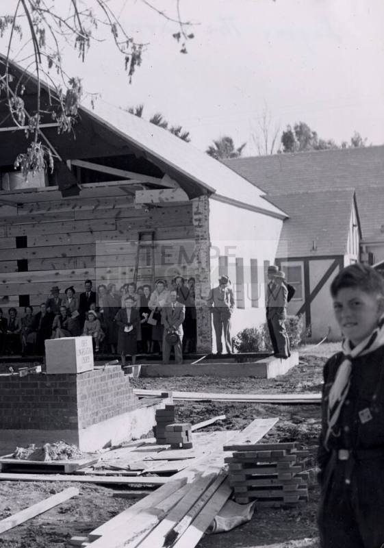 Photograph of laying of cornerstone of the First Congregational Church of Tempe Church Sanctuary.