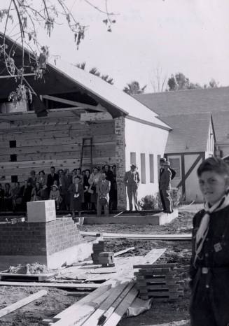Photograph of laying of cornerstone of the First Congregational Church of Tempe Church Sanctuary.