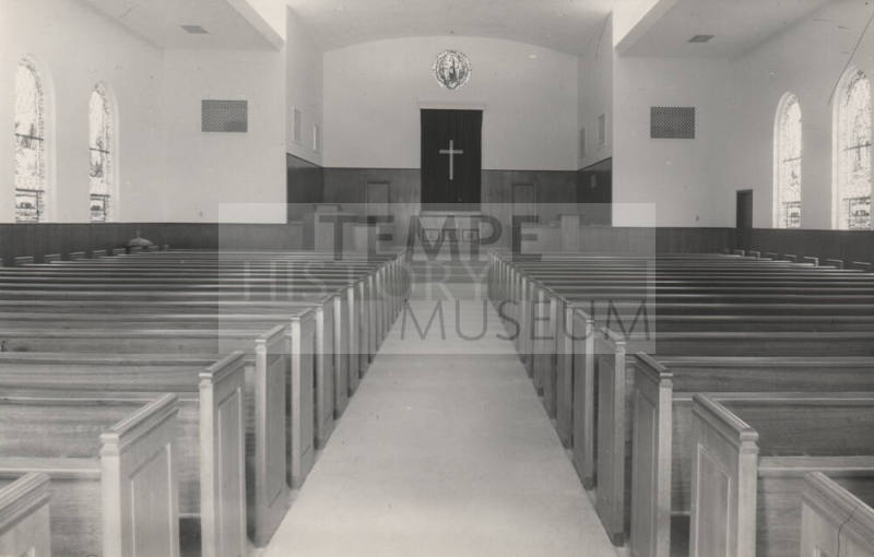 Photograph of new pews in the First Congregational Church of Tempe.