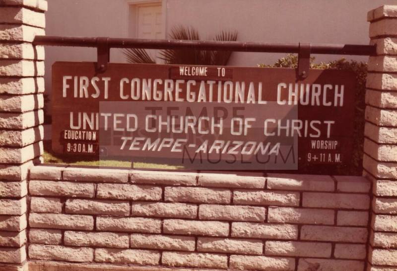 Photograph of new sign for First Congregational Church