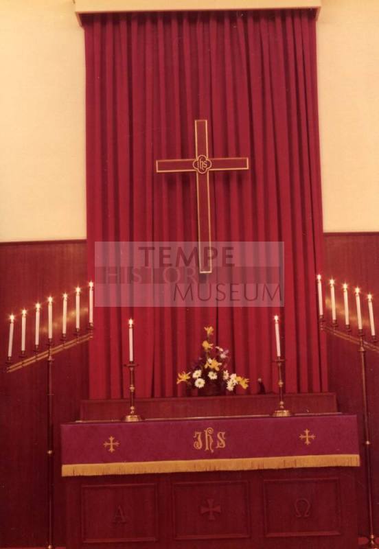 Photograph of the altar in First Congregational Church of Tempe