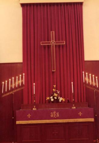 Photograph of the altar in First Congregational Church of Tempe