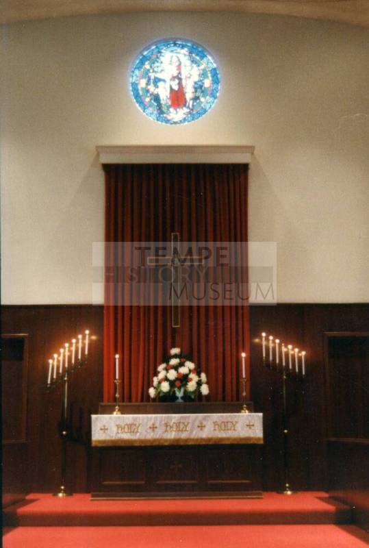 Photograph of First Congregational Church of Tempe Altar and Stained Glass Window