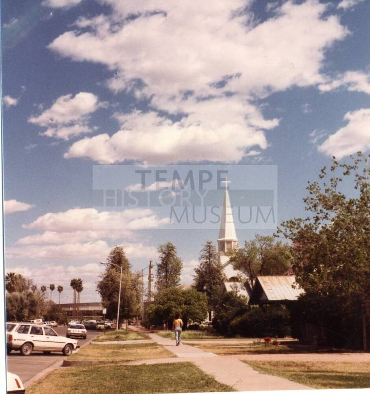 Photograph of 6th street with First Congregational Church of Tempe in distance