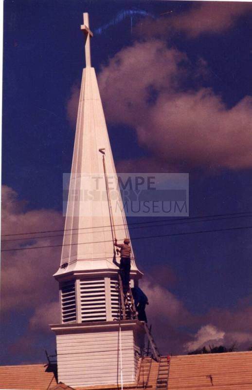 Photograph of men painting steeple of the First Congregational Church of Tempe