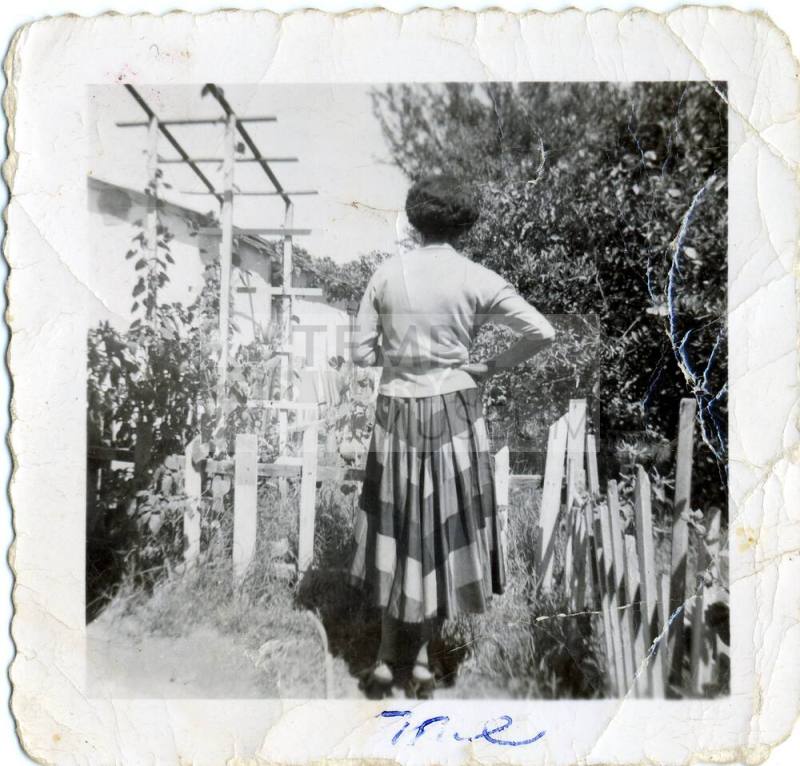 Marcie by a tree and a trellis