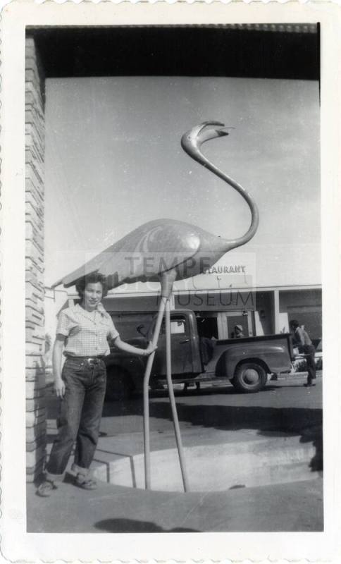 Annie Gomez  with flamingo statue, on trip from Phoenix to Tempe