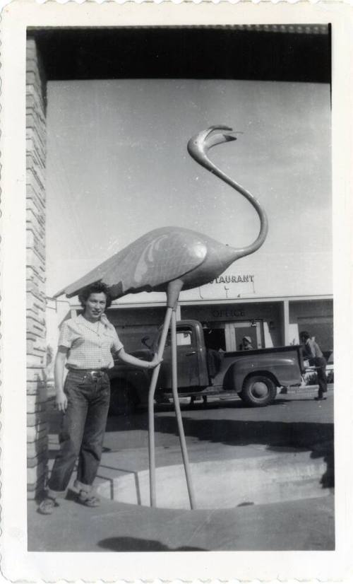 Annie Gomez  with flamingo statue, on trip from Phoenix to Tempe