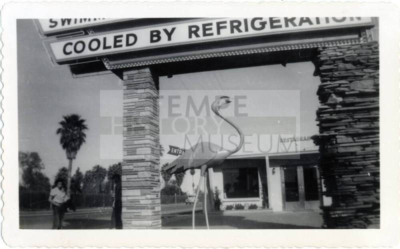 Annie Gomez at motel with flamingo on Van Buren Street, Phoenix