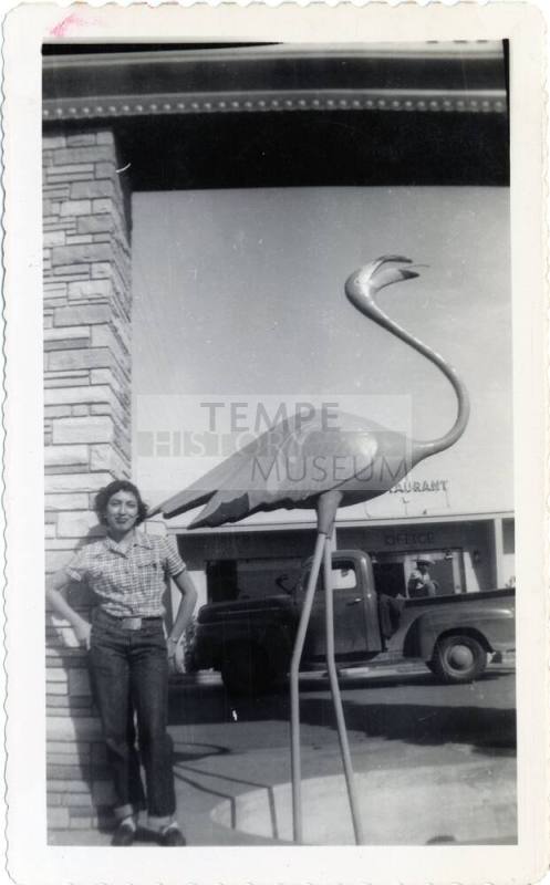 Katy Ramirez at motel with flamingo on Van Buren Street, Phoenix