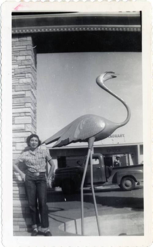 Katy Ramirez at motel with flamingo on Van Buren Street, Phoenix