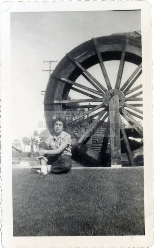 Katy Ramirez at motel water wheel on Van Buren Street, Phoenix