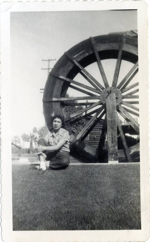 Katy Ramirez at motel water wheel on Van Buren Street, Phoenix