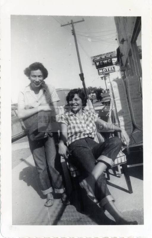 Marcie Rodriguez and Annie Gomez at cafe on Van Buren Street, Phoenix