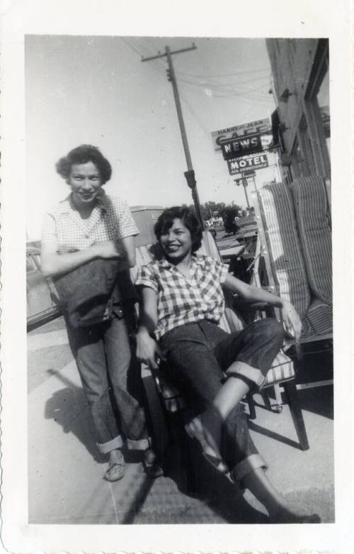 Marcie Rodriguez and Annie Gomez at cafe on Van Buren Street, Phoenix