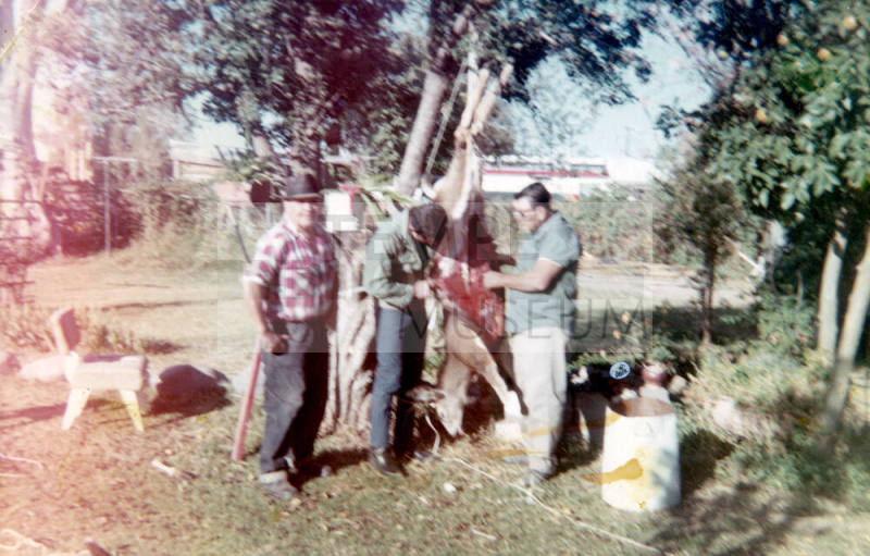 Hunters with hanging deer at Elias-Rodriguez house