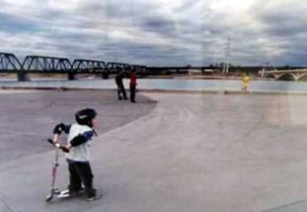 Scooter, Skateboards, Jogger, Dusk at Tempe Beach Park Before a Storm, February 2001
