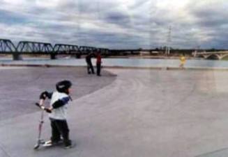 Scooter, Skateboards, Jogger, Dusk at Tempe Beach Park Before a Storm, February 2001