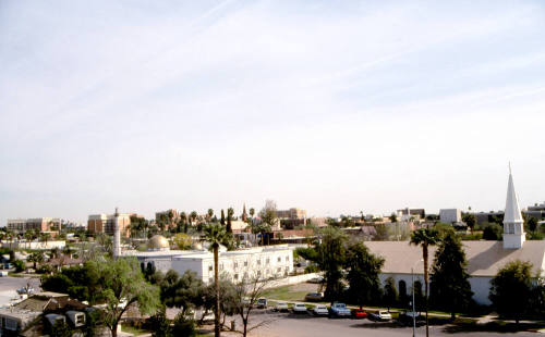 101 Block of E. 6th Street - Elevated view of the Congregational Church on the right and the Mosque on the left