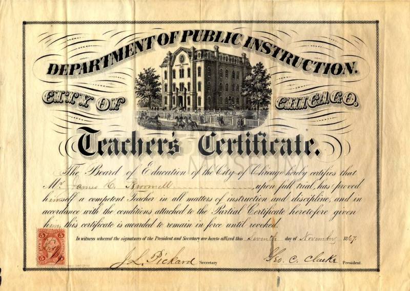 Chicago Teacher's Certifcate for James Broomell