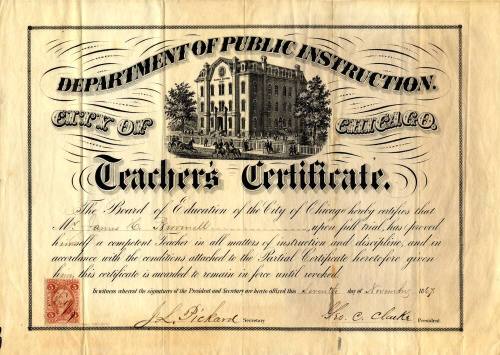 Chicago Teacher's Certifcate for James Broomell