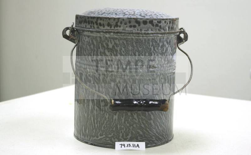 Three piece grey enamelware lunch pail.